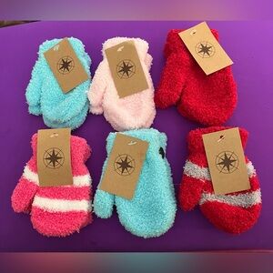 Adorable youth mittens. Red, gray, orange, lavender, white in these 6 pair. NWT.